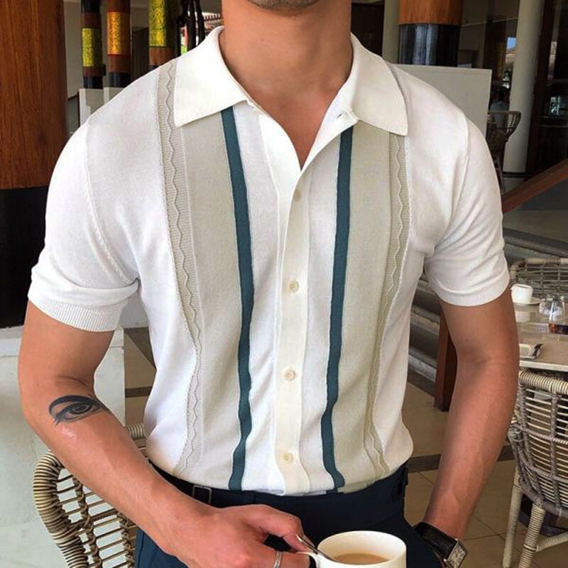 Men’s Summer Sweater Lapel Pullover Casual Stripe Polo Shirt
