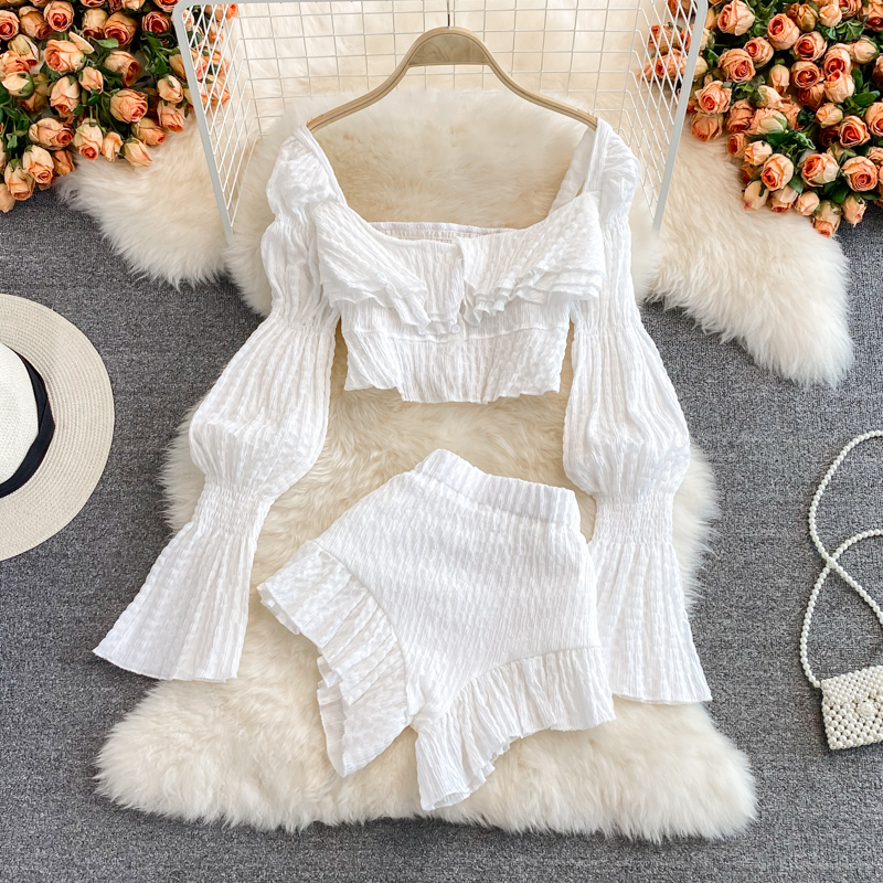 French Square Neck Exposed Collarbone Short Long Sleeved Shirt High Waisted Flower Bud Ruffled Shorts Two-Piece Set