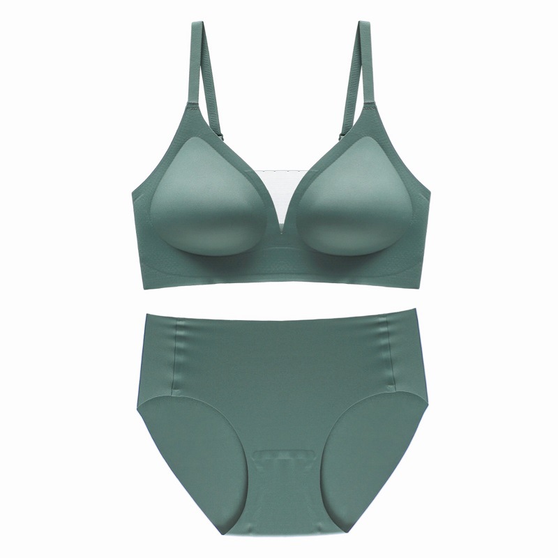New Seamless Soft Support Underwear Small Green Mesh V-Neck Thin Breathable No Steel Ring Comfortable Gather Bra Set