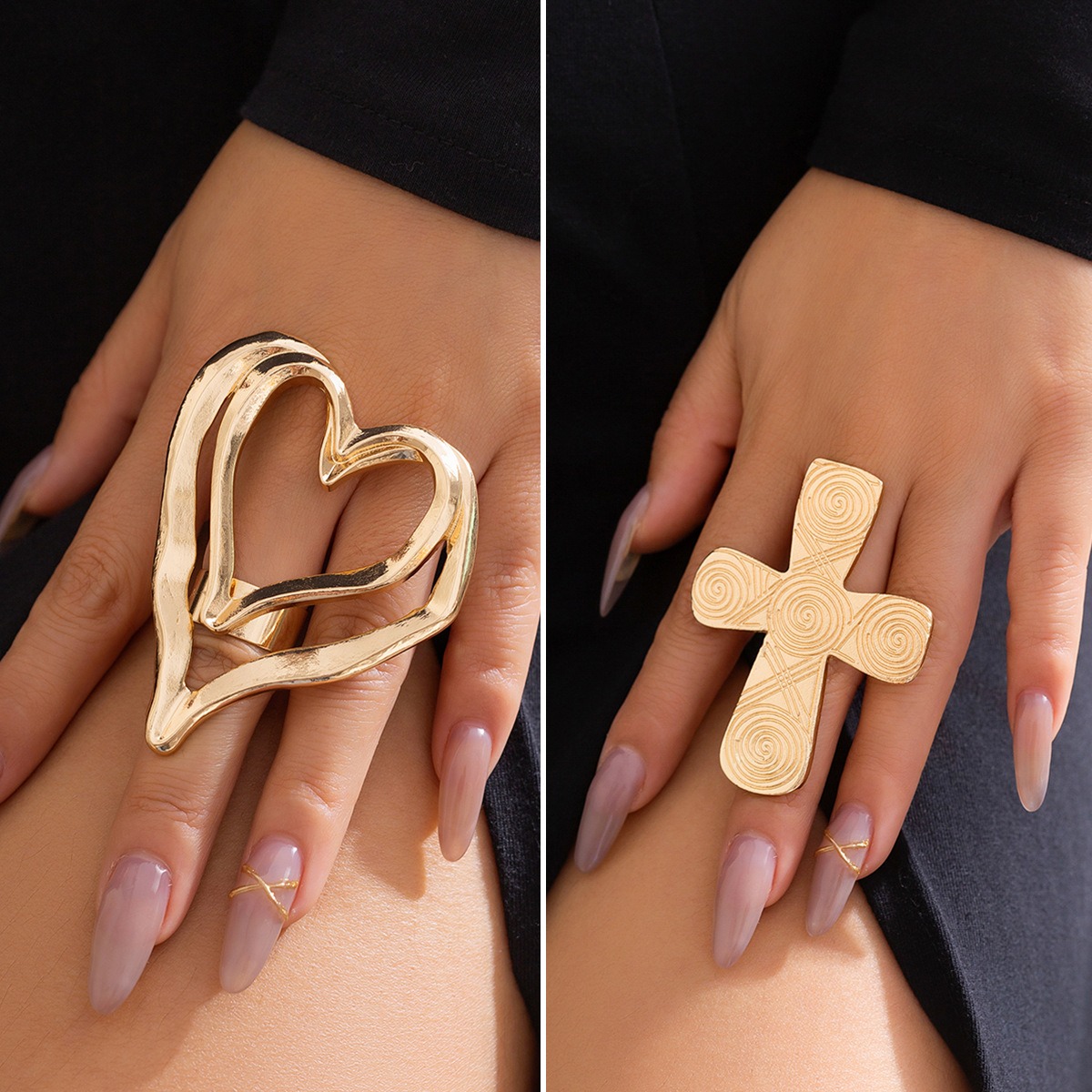 Exaggerated Sweet Cool Style Metal Big Love Ring Fashion Personalized Pattern Cross Ring