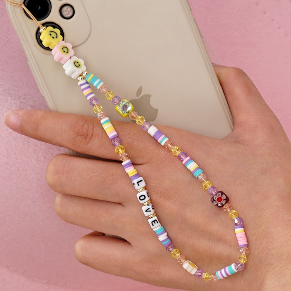 Go2Boho Mobile Phone Lanyard Heishi Disc Beads Crystal Bead Chain For Phone Smile Chains LOVE Letter String Wristband