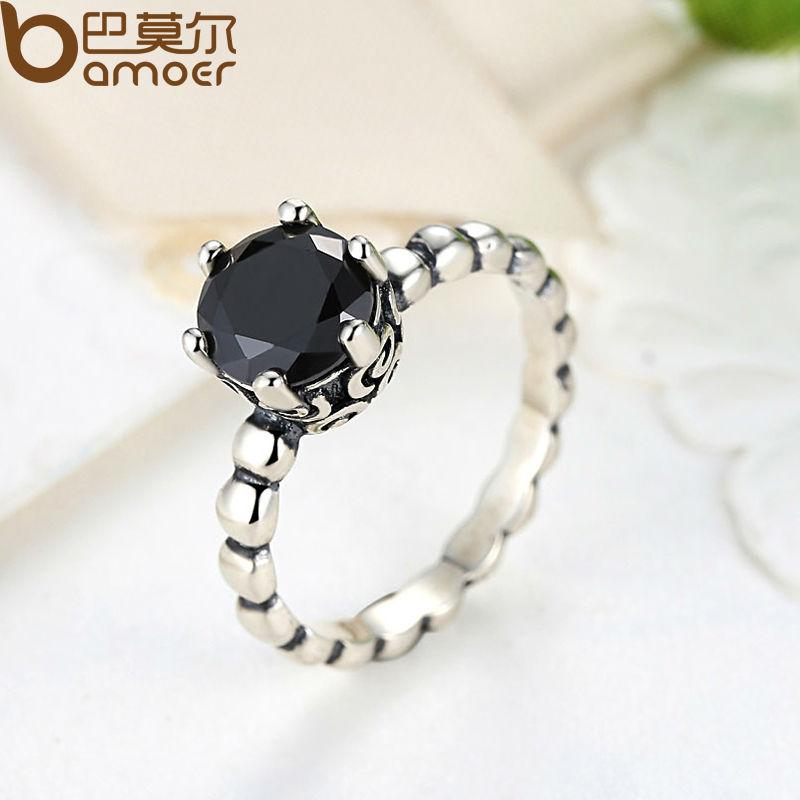 BAMOER Finger Ring with Black Cubic Zirconia Wedding Jewelry PA7205