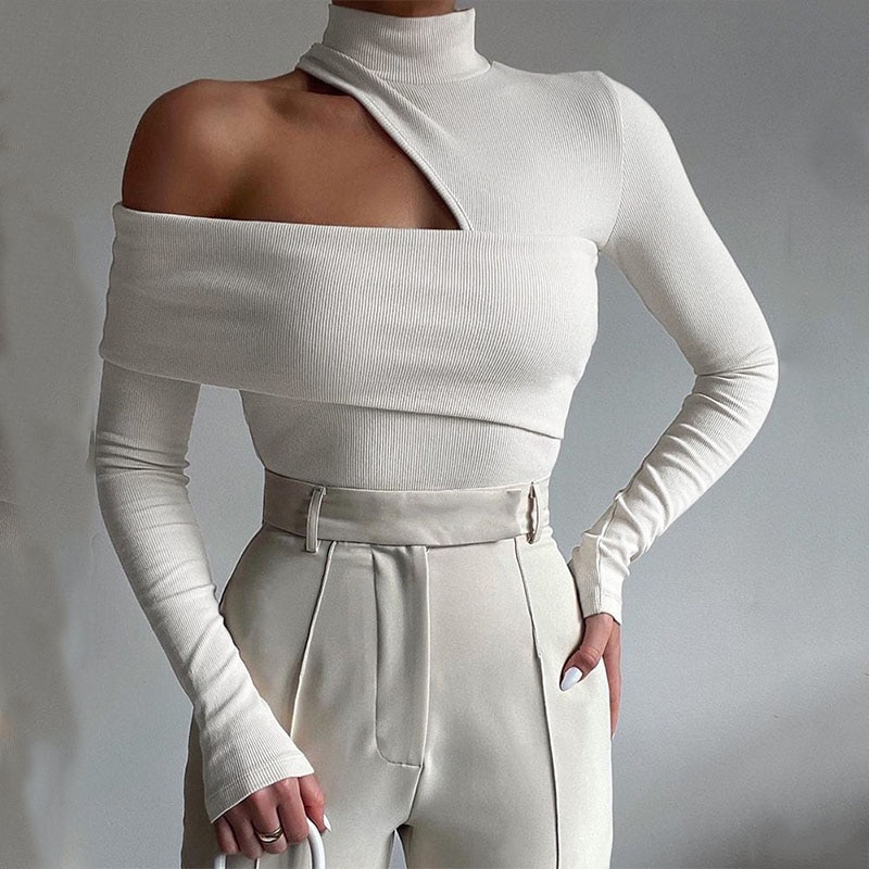 Knitted Turtleneck Long Sleeve Top Hollow Out White Sexy Club T Shirt Women Slim Skinny Tee Lady Sexy Club Party Body Top