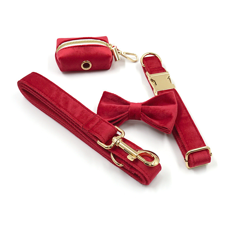 Christmas Red Thick Velvet Gold Buckle Pet Collar Leash Bow Dog Poop Bag Set Christmas Pet Supplies