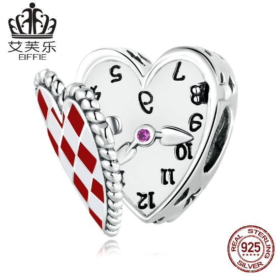 Avelle Sterling Silver S925 Love Clock Beaded Bracelet Red And White Checkerboard Lattice Drip Oil Zircon Heart-Shaped Beads