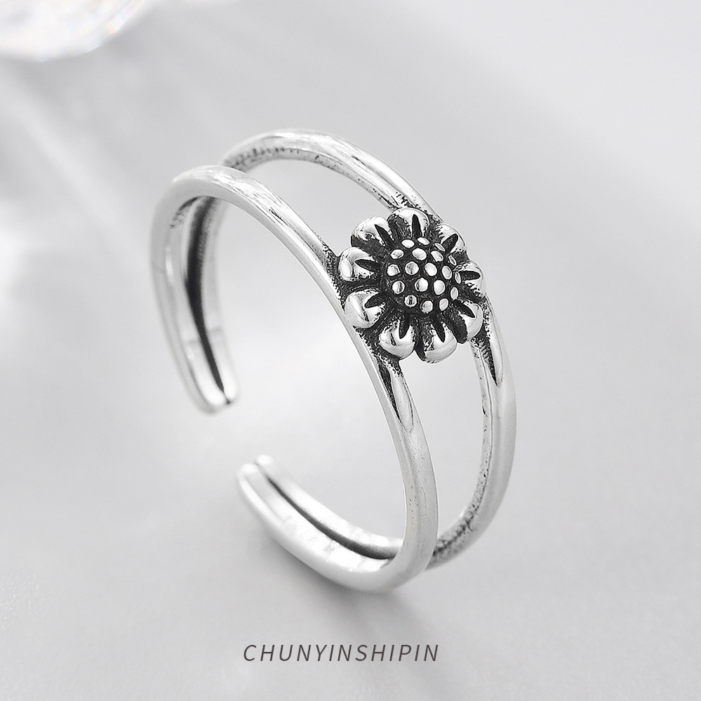 Personality Retro Sunflower Open Ring S925 Sterling Silver Korean Simple Daisy Ring Female Index Finger Ring
