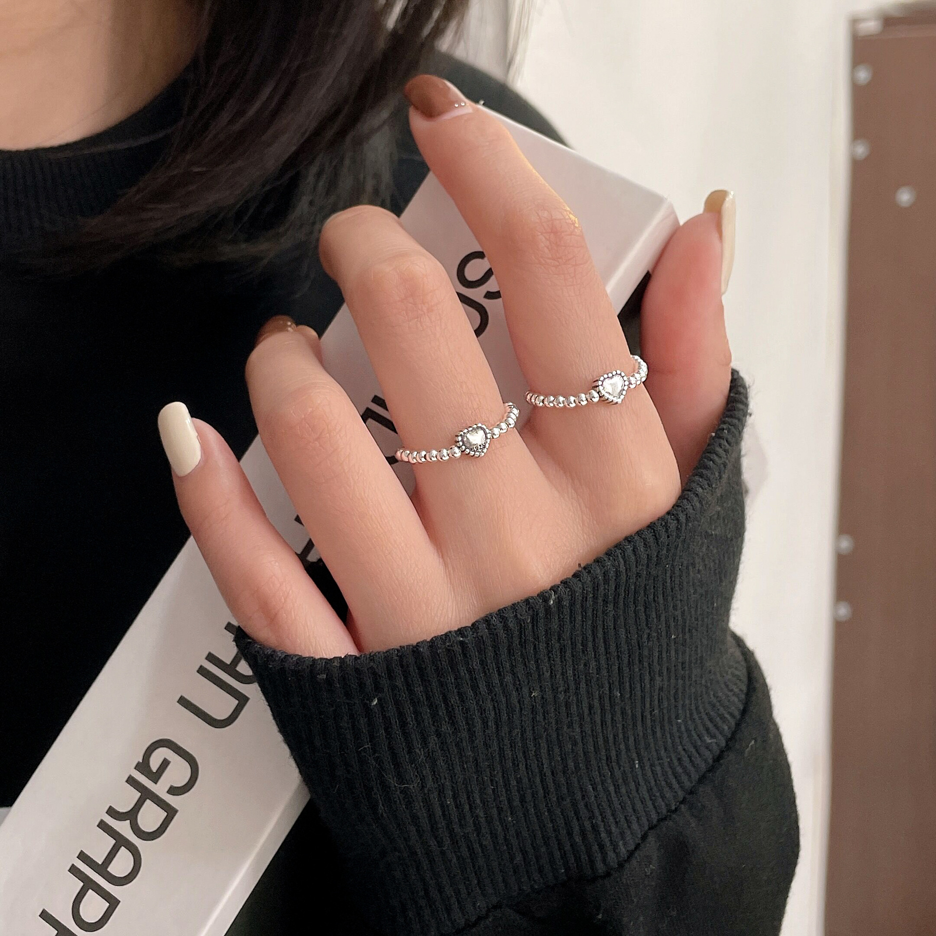 Cold Style S925 Sterling Silver Elastic Love Open Ring Female Ins Simple Temperament All-Match Student Ring
