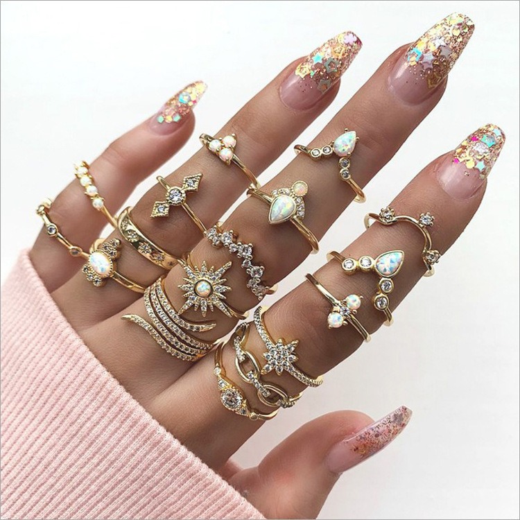 New Bohemian Style Ring 17 Piece Set with Diamond Set Ring Jewelry