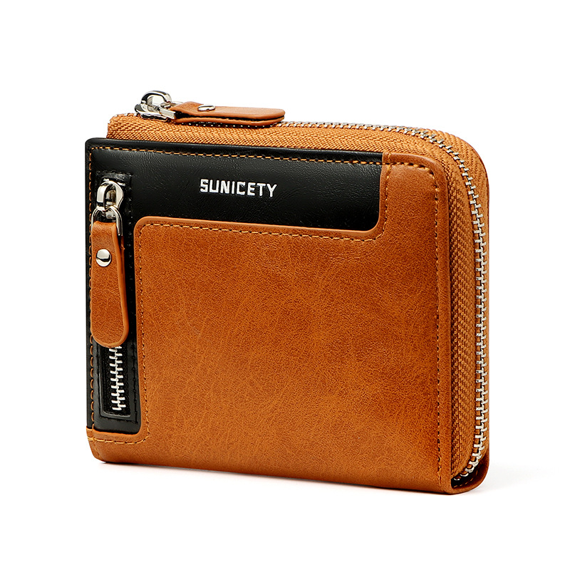 Wallet Men’s Fashionable Leather Zipper Leather Bag RFID Multi Card Function ID Card Bag