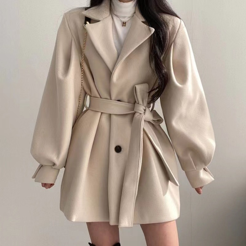 Hepburn style waistband woolen coat for women’s