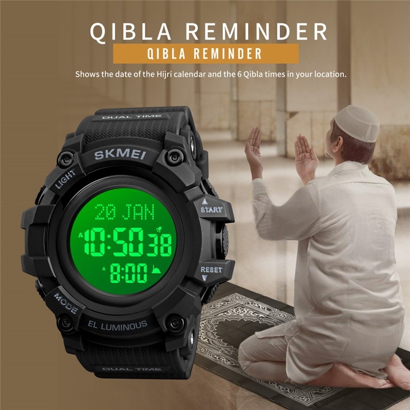 SKMEI 1680 Slamic Muslim Compass Multifunctional Prayer Direction Indication Sport Watches Electronic LED Digital Rubber Wrist Watch