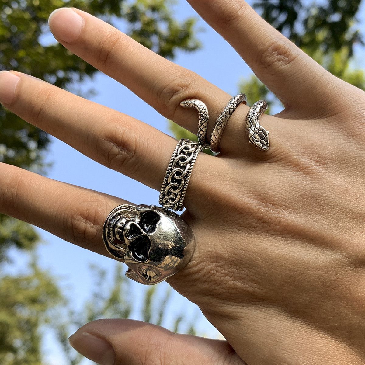 Retro Punk Jewelry Trendy Men’s Skull Python Design 3-piece Combination Ring Set