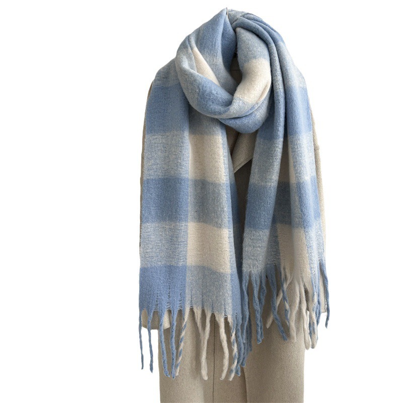 Autumn and winter new style mohair plaid scarf for women Dongdaemun fashion versatile extended tassel shawl scarf