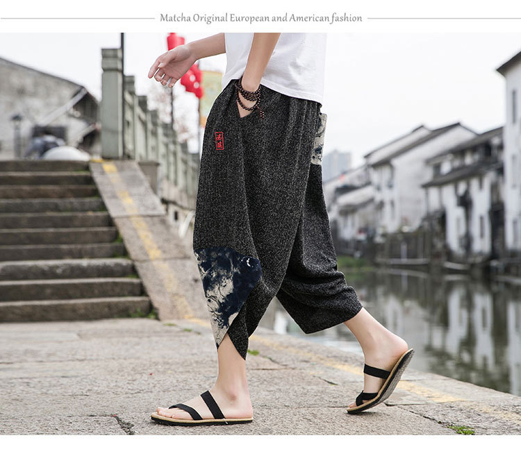 Summer New Chinese Style Men Embroidered Snowflake Ice Silk Capris Large Trendy Beach Wide Leg Pants for Men