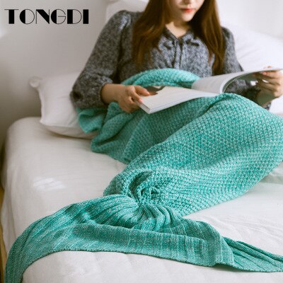 TONGDI Soft Warm Popular Fashionable Mermaid Fish Tail  Knitting Blanket Gift For Girl Princess All Season Handmade Sleeping Bag