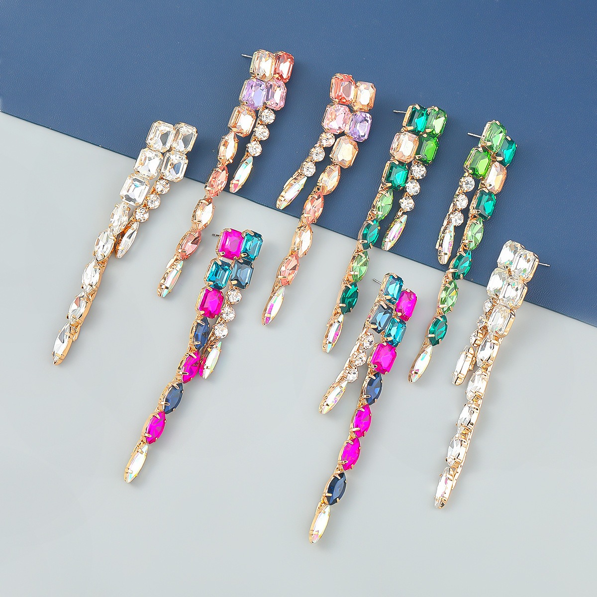 Fashion Color Diamond Series Alloy Inlaid Diamond Double layer Geometric Long Earrings Women’s Earrings