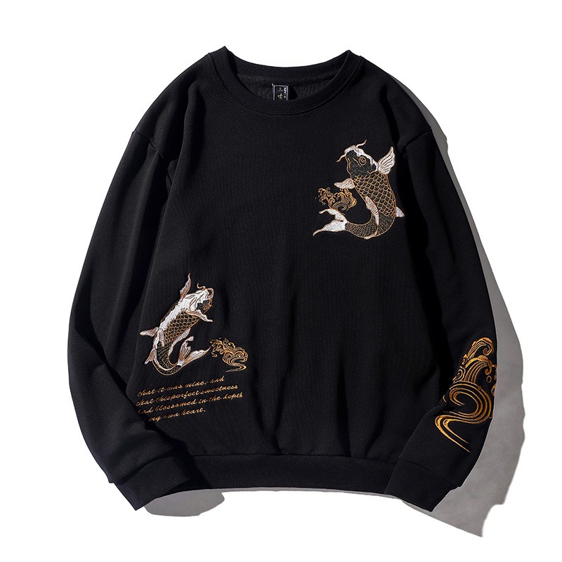 Round neck pullover heavy industry embroidered koi loose large size pure cotton sweatshirt for men