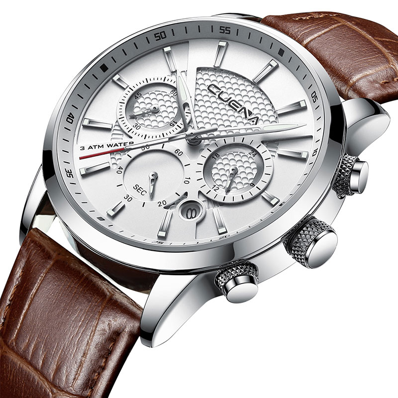 CUENA Men’s Watches Stopwatch Date Luminous Hands Genuine Leather 30M Waterproof Clock Man Quartz Watches Men Fashion Watch