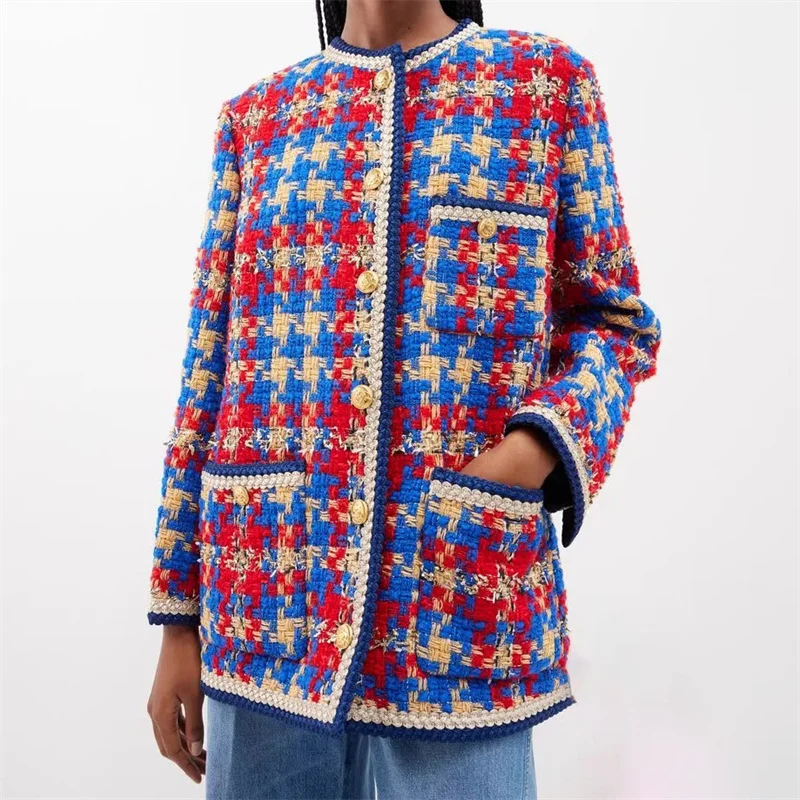 Women’s jacket Fashion Colorful Plaid Tweed Coat
