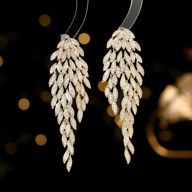 S925 Silver Needle Light Luxury Earrings Multilayer Tassel Tree Leaves High Level Exaggerated Grand Banquet Dress with Earrings