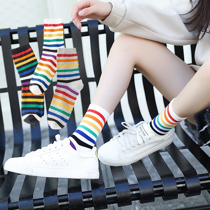 Rainbow Striped Patterned Funny Short Socks Women Cool Cotton Harajuku Socks Female Fashion Colored Happy Sock