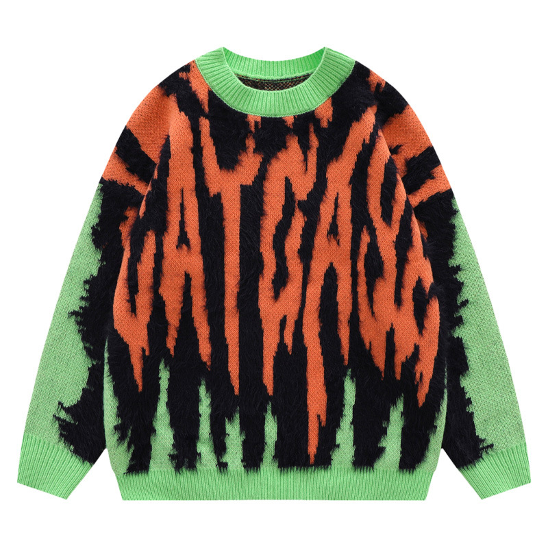 Harajuku Vintage Green Orange Knitted Sweater Men’s Street Oversized Jumper Pullover Thick Sweater Grandpa Ugly Sweater Women’s
