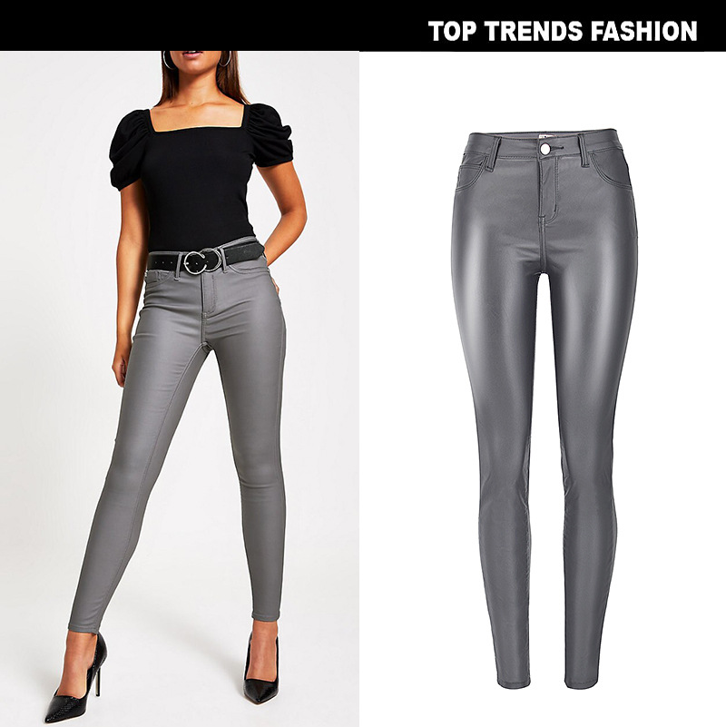 Women’s High Coated Noble Grey Faux Leather Pants