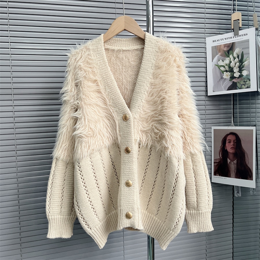 Knitted Women Sweater 2023 Spring Winter Loose Fake Mink Fleece Patchwork Knitting Long Sleeve Tops Cardigan Coats