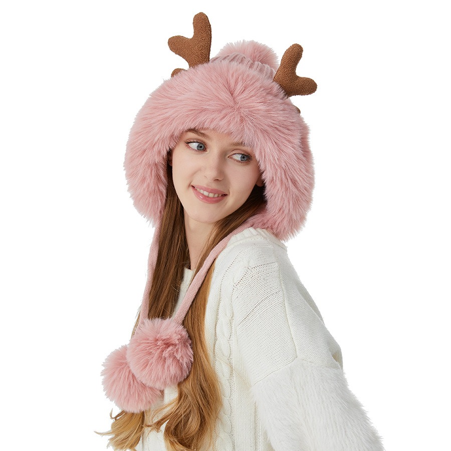 Cute Deer Horn Three Wool Ball Knitted Hat, European and American Autumn and Winter Warmth, Plushed Wool Hat, Fashion and Leisure
