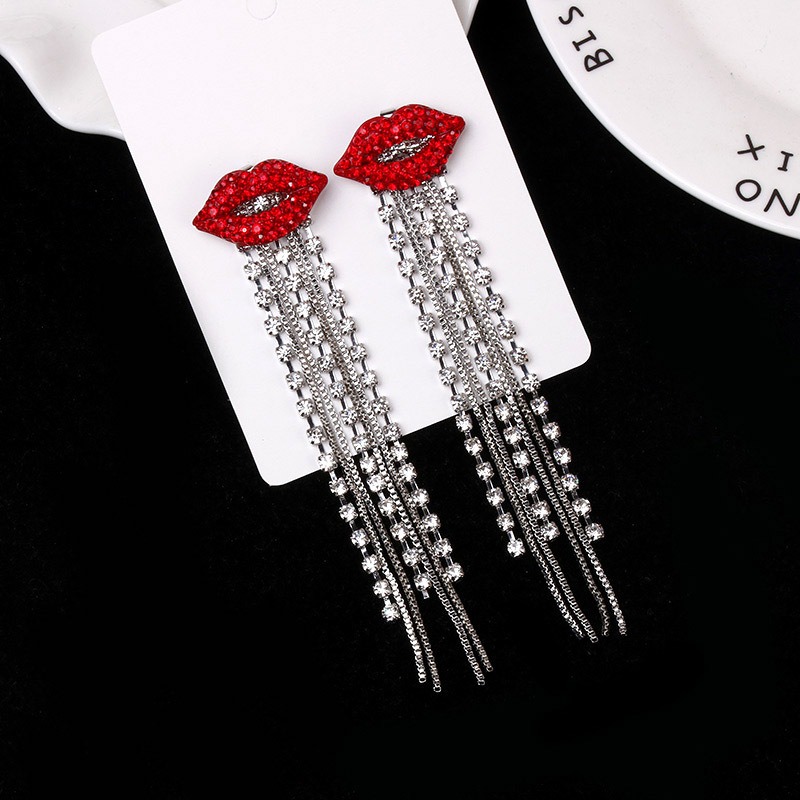Shiny Crystal Tassel Red Lips Dangle Earring Fashion Korean Rhinestone Red Mouth Chain Long Tassel Earrings For Wome