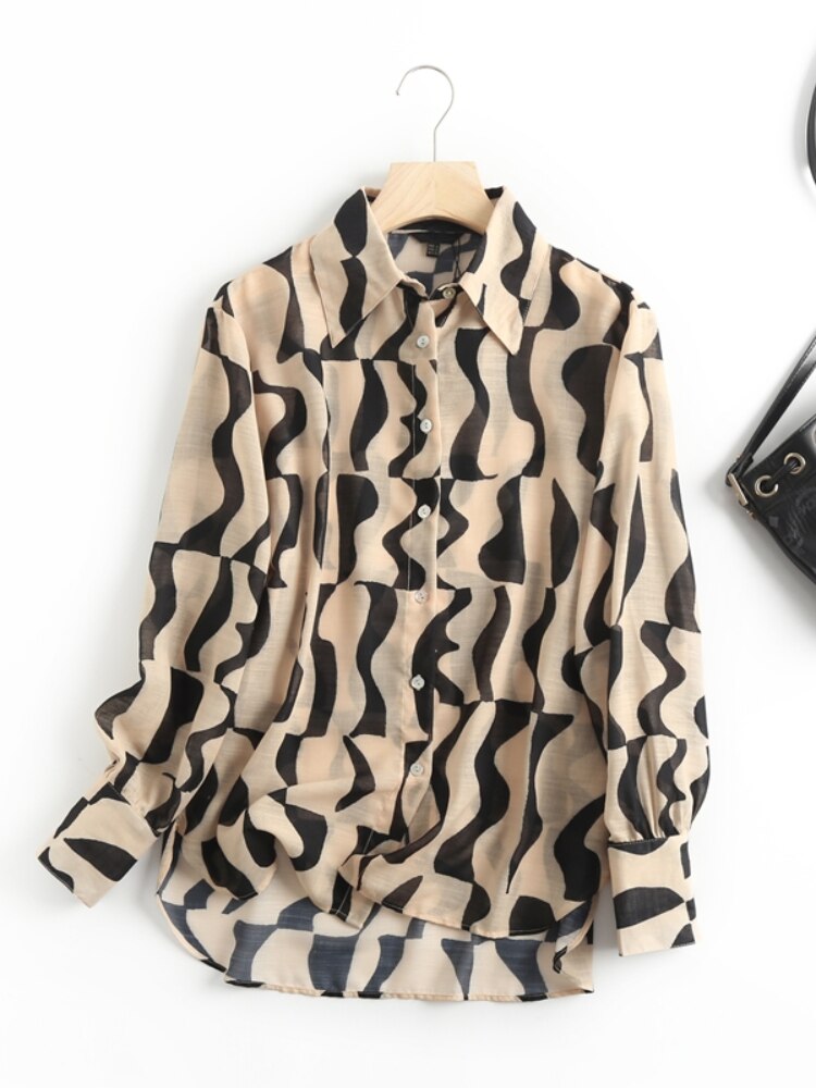 Spring And Summer Abstract Geometric Wave Fashionable Modern Beige And Black Color Collision Simulation Silk Long-Sleeved Shirt
