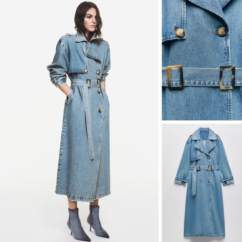 New Style With Belt Loose Mid-length Double-breasted Denim Trench Coat