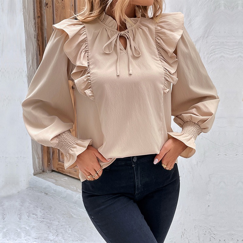 Women Spring New Ruffle Long Sleeved Solid Color Shirt