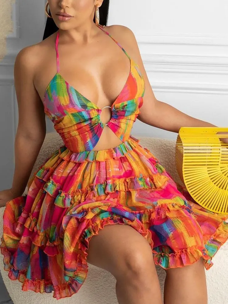 Cami Deep-V Floral Print Dress Women Sexy Backless