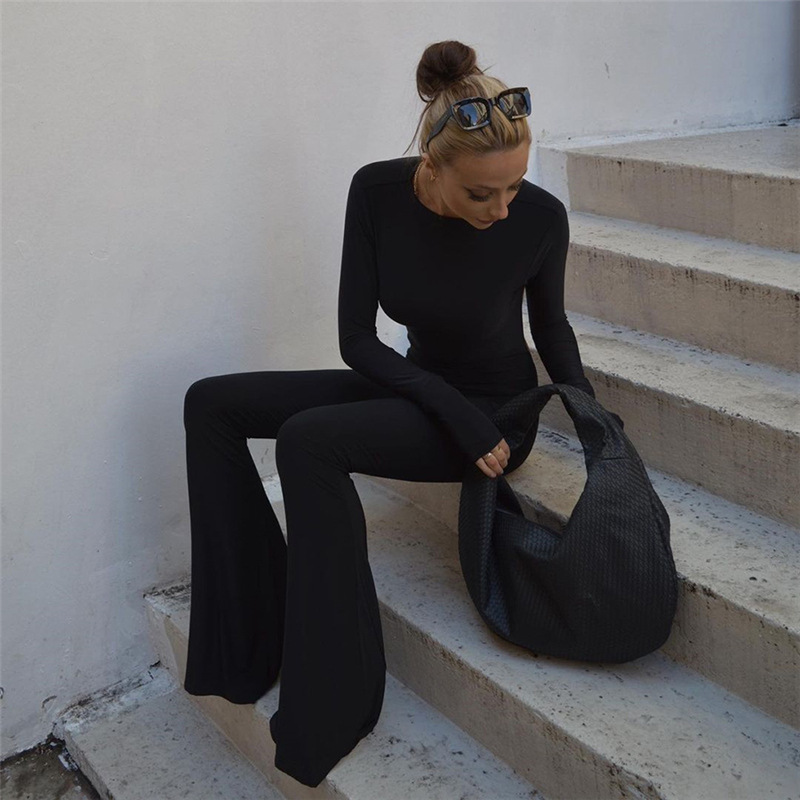 Autumn New Fashion Casual Round Neck Long Sleeve Open Back Micro-Bladed Jumpsuit Trend
