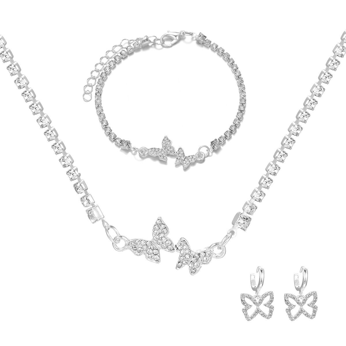 New Women’s Fresh and Sweet Diamond Butterfly Necklace, Earrings, Bracelets, Light Luxury, High Grade, Shiny Silver Jewelry Set
