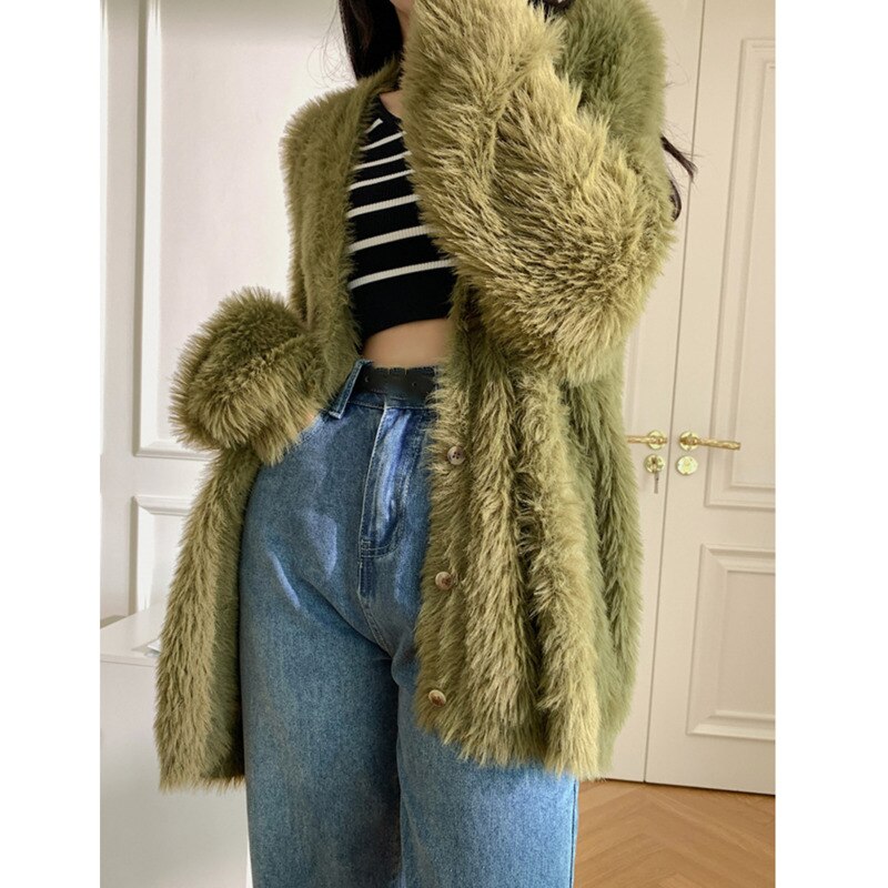 Green Big Size Sweater Loose Fit V-Neck Long Sleeve