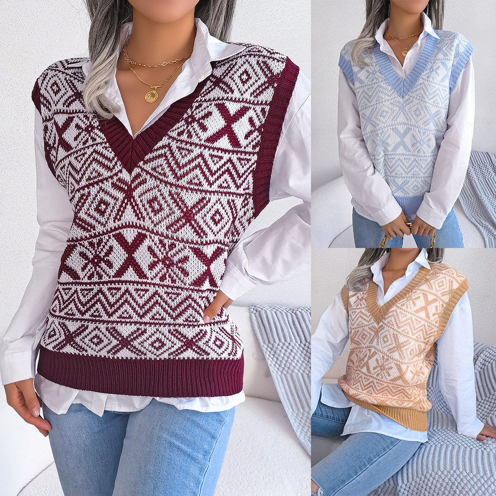 Autumn Winter Christmas Snowflake V-Neck Knitted Vest Sweater