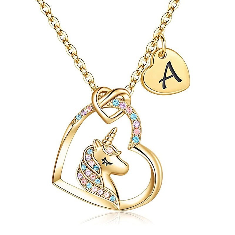 European and American unicorn s925 silver love letter necklace, female heart shaped silver pendant, neck chain, engraved children’s jewelry