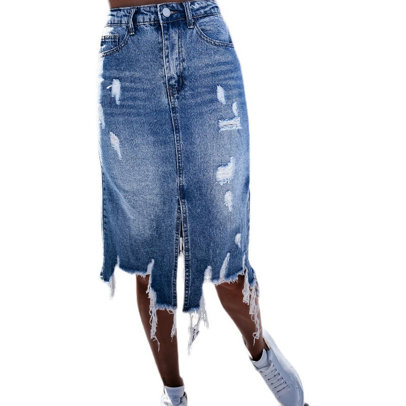 Leisure Temperament Women’s Streetwear Collage Hole Denim A-line Skirt