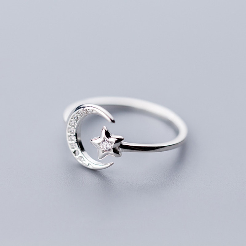 Real 925 Sterling Silver Minimalist Zircon Moon Star Opening Ring For Charming Women Party Fine Jewelry Cute Gift