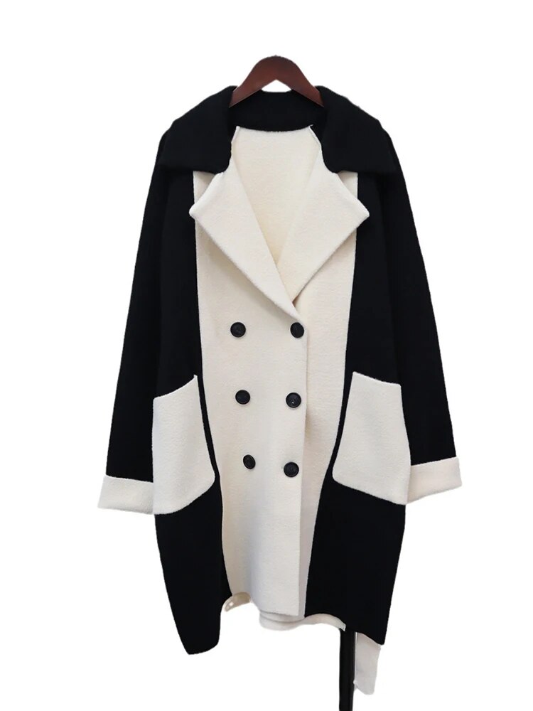 High-end Luxury Contrast Color Black White Patchwork Notched Double Breasted Woolen Coats Casual Wool Blends Jacket Autumn