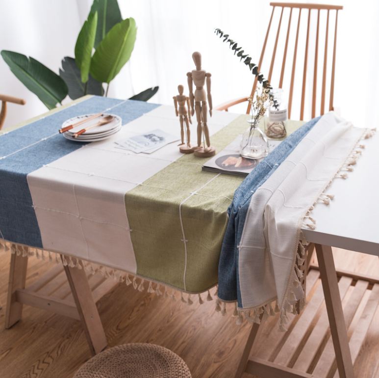 Restaurant Color Matching Striped Plaid Tablecloth Cotton Linen Cloth Art Tassel Home Hotel Coffee Table Cloth Spot