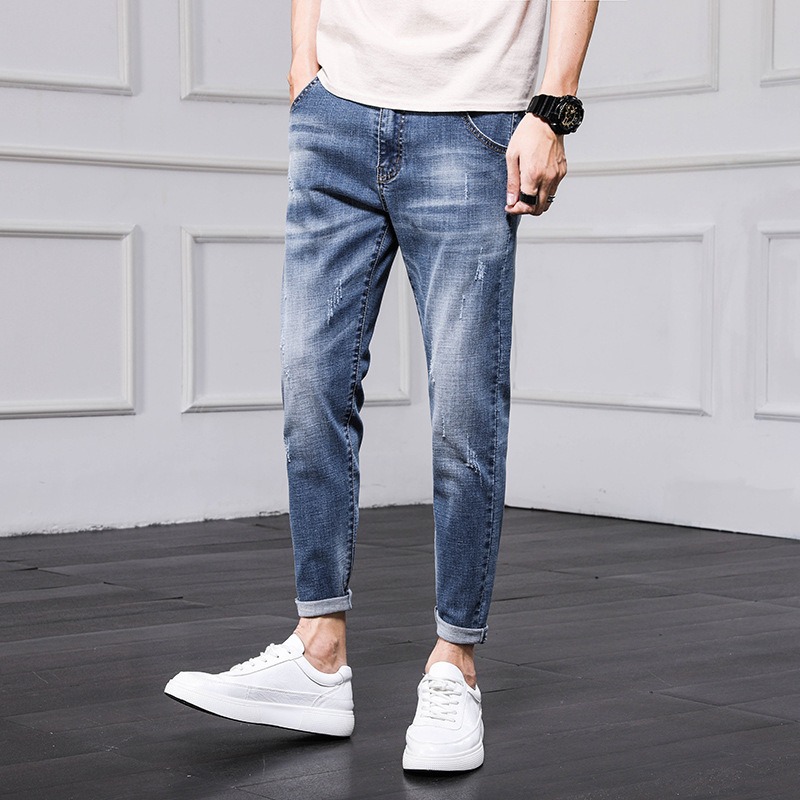 New Fashion Men’s Jeans Nine Part Simple Casual Men’s Trousers Small Feet Thin Korean Pants