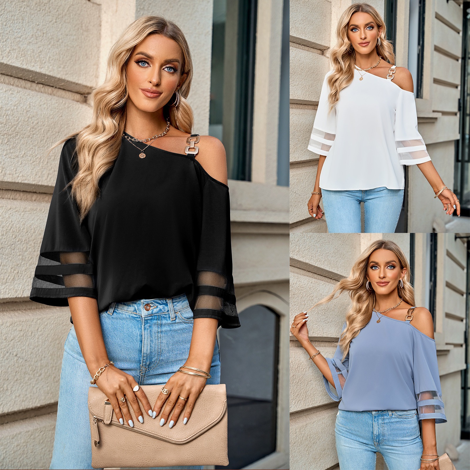 Spring And Summer New Women’s Casual Solid Metal Button One Shoulder Blouse