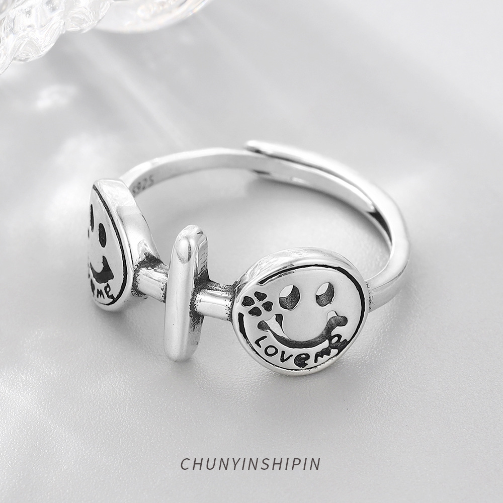 Ins Vintage Personality Ring S925 Sterling Silver Cross Smiley Face Ring Korean Temperament Index Finger Ring Female