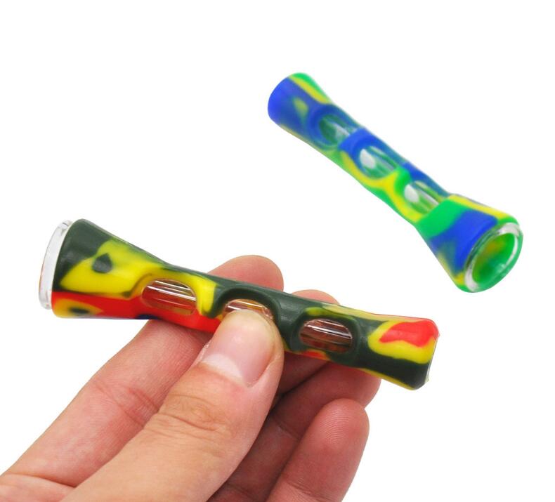 Horn Shape FDA Silicone & Glass Smoking Herb Pipe 20MM One Hitter Dugout Pipe