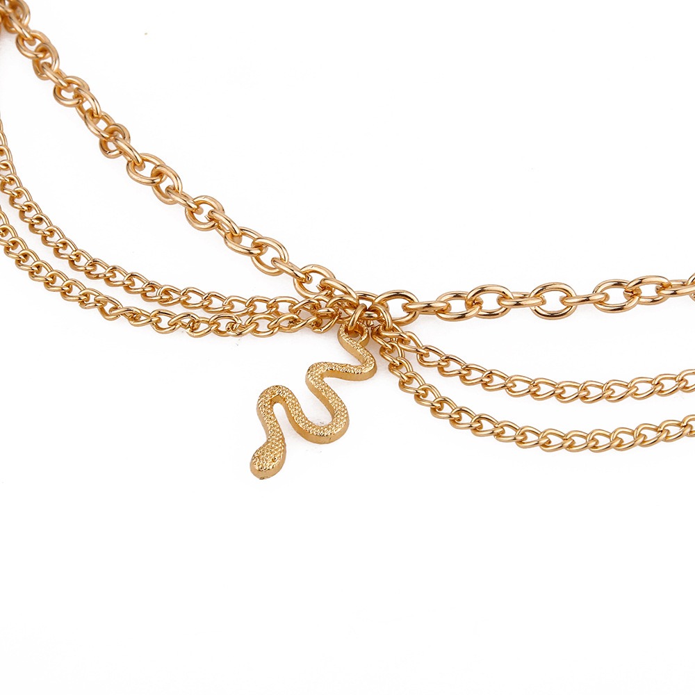 Gold Cross Chain Feet with Tassel Snake Pendant Three Layer Feet Chain