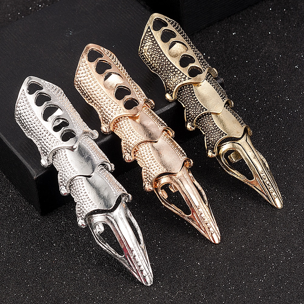 NEW Cool Boys Punk Gothic Rock Scroll Joint Armor Knuckle Metal Full Finger Ring Gold Cospaly DIY Ring Halloween decoration