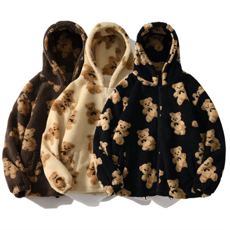 Autumn and Winter Women’s Hooded Thickened Casual Sweater Cartoon Pattern Bear Zipper Pocket Plush Sweater